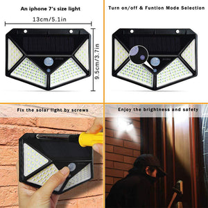 Solar light with LED bulbs and motion sensor on a white background, labeled '2PC100 Lamp'.