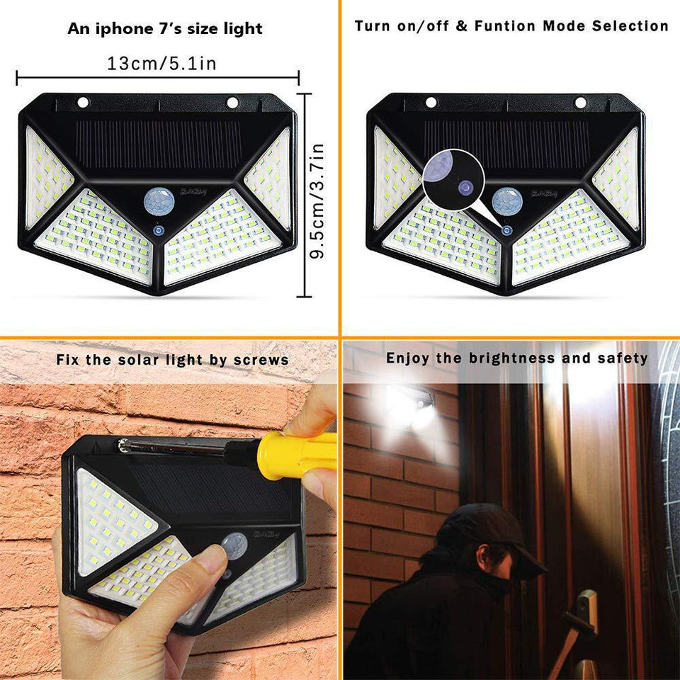 Solar light with dimensions, installation instructions, and usage scenarios.