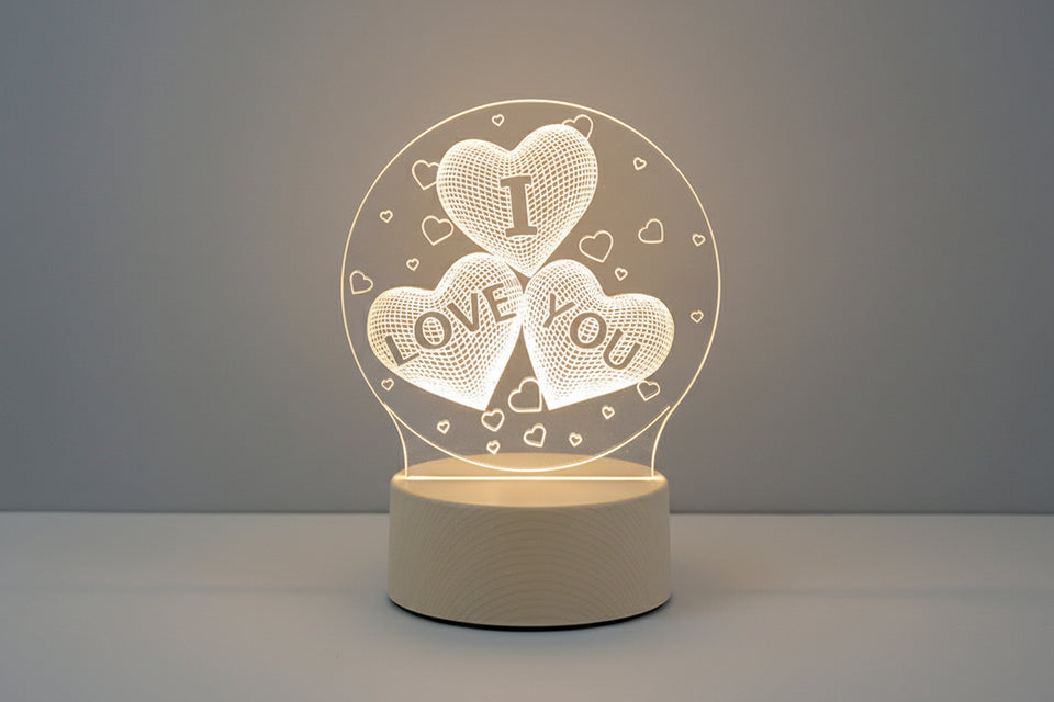 LED night light with 'I LOVE YOU' text on a brown background