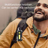 Man wearing a multifunctional keychain attached to his backpack with text overlay.