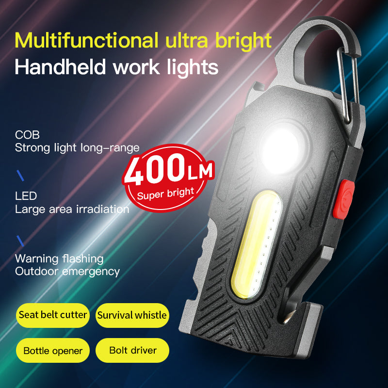 Multifunctional ultra bright handheld work light with carabiner on a dark background