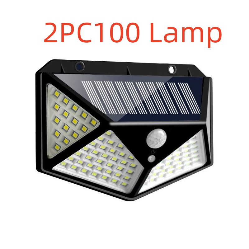 Solar light with LED bulbs and motion sensor on a white background, labeled '2PC100 Lamp'.