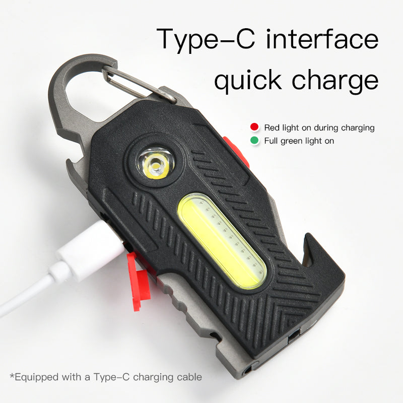 Black multi-tool with LED light and carabiner feature on a white background
