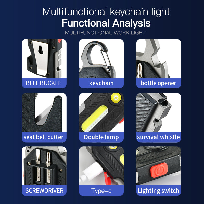 Multifunctional keychain light with various tools on a blue background
