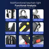 Multifunctional keychain light with various tools on a blue background