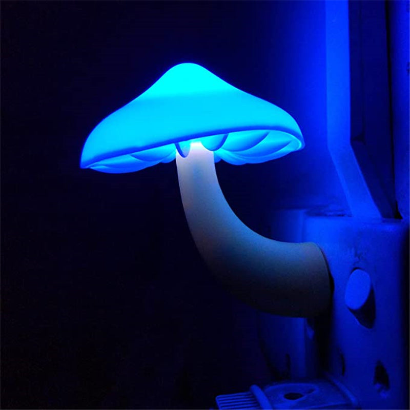 Blue glowing mushroom-shaped light fixture on a dark background